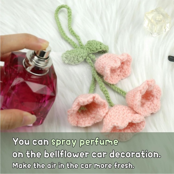 Handmade Kawaii Woven Pink Bell Flower Plant Knit Car Mirror Hanging Accessory - Picture 2 of 10